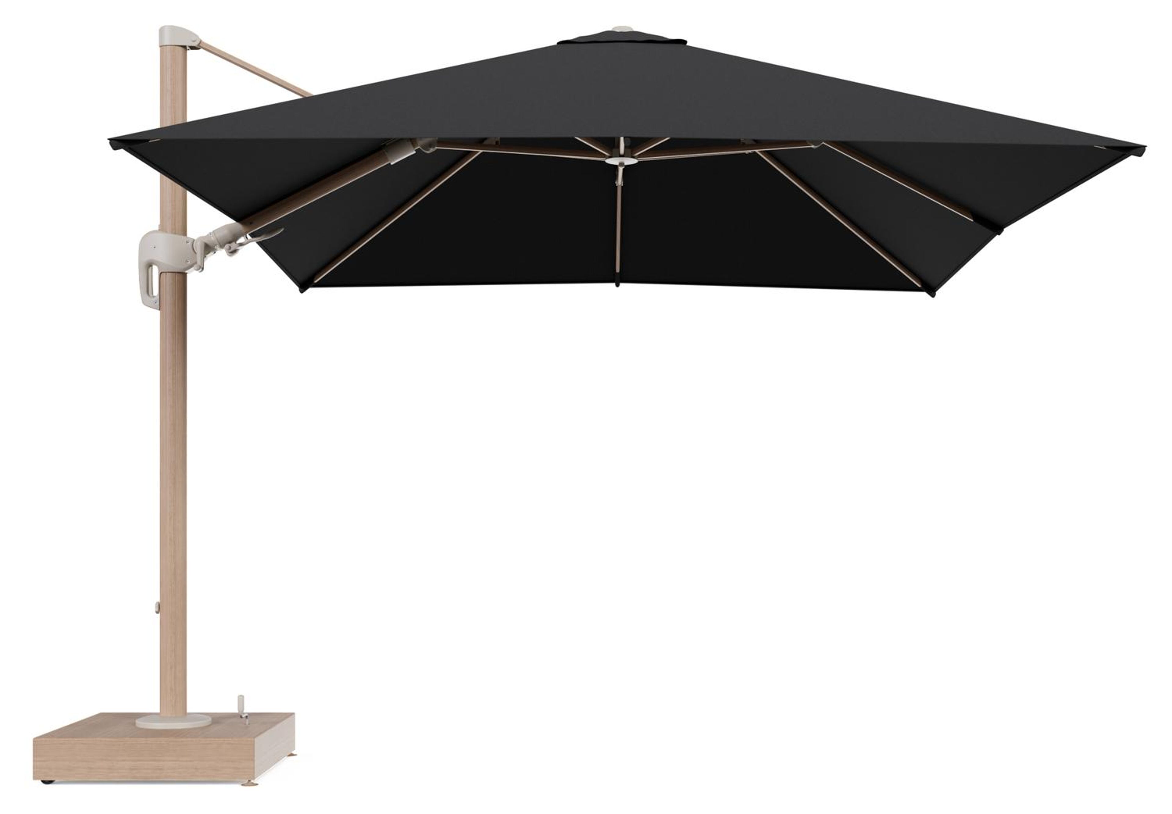 Rufina zweefparasol met tiltfunctie in houtlook aluminium en Natte Sooty All Weather Sunbrella® Luxe parasoldoek - L1 300 x L2 300 cm met parasolvoet Minore 150 kg met wielen