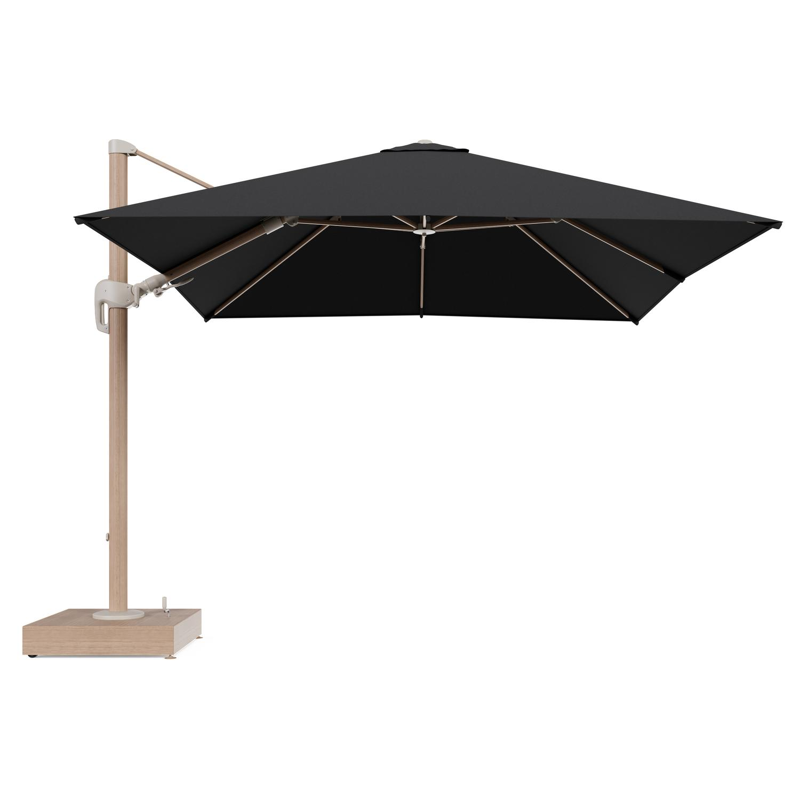 Rufina zweefparasol met tiltfunctie in houtlook aluminium en Natte Sooty All Weather Sunbrella® Luxe parasoldoek - L1 300 x L2 300 cm met parasolvoet Minore 150 kg met wielen