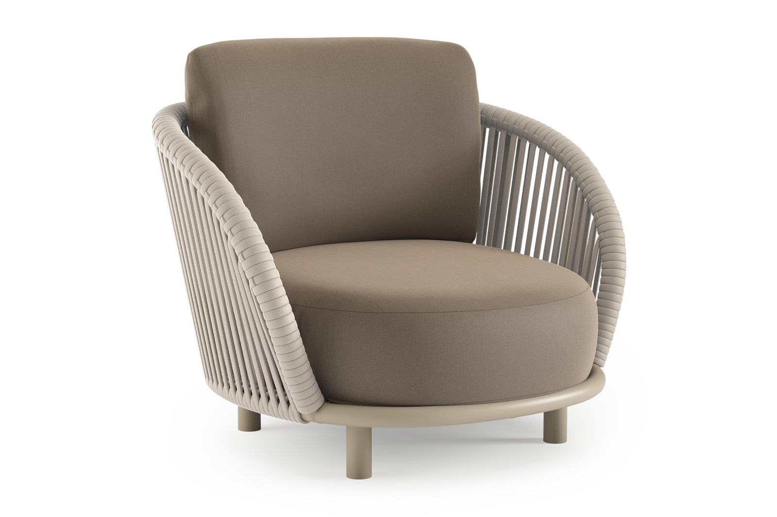 Lupino loungestoel in beige aluminium en beige verticaal geweven luxe vlakke brede rope met natte heather grey all weather sunbrella® luxe kussen