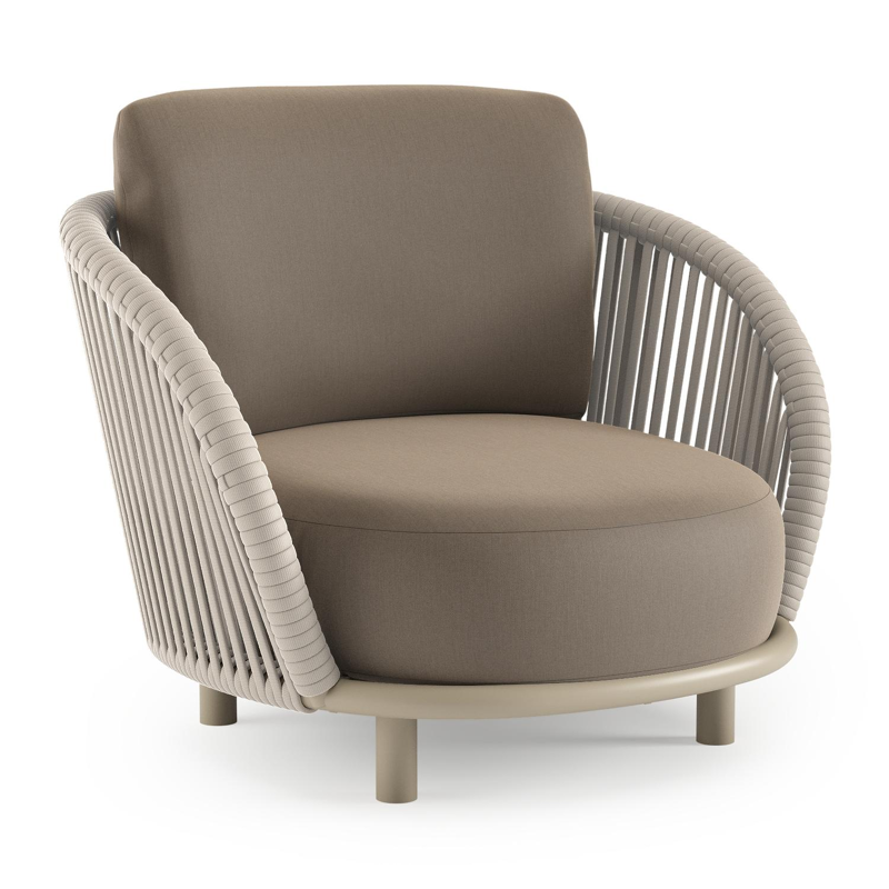 Fauteuil de jardin Lupino en aluminium beige et corde large plate de luxe tissée verticalement beige et coussins en all weather sunbrella® luxe natte heather grey