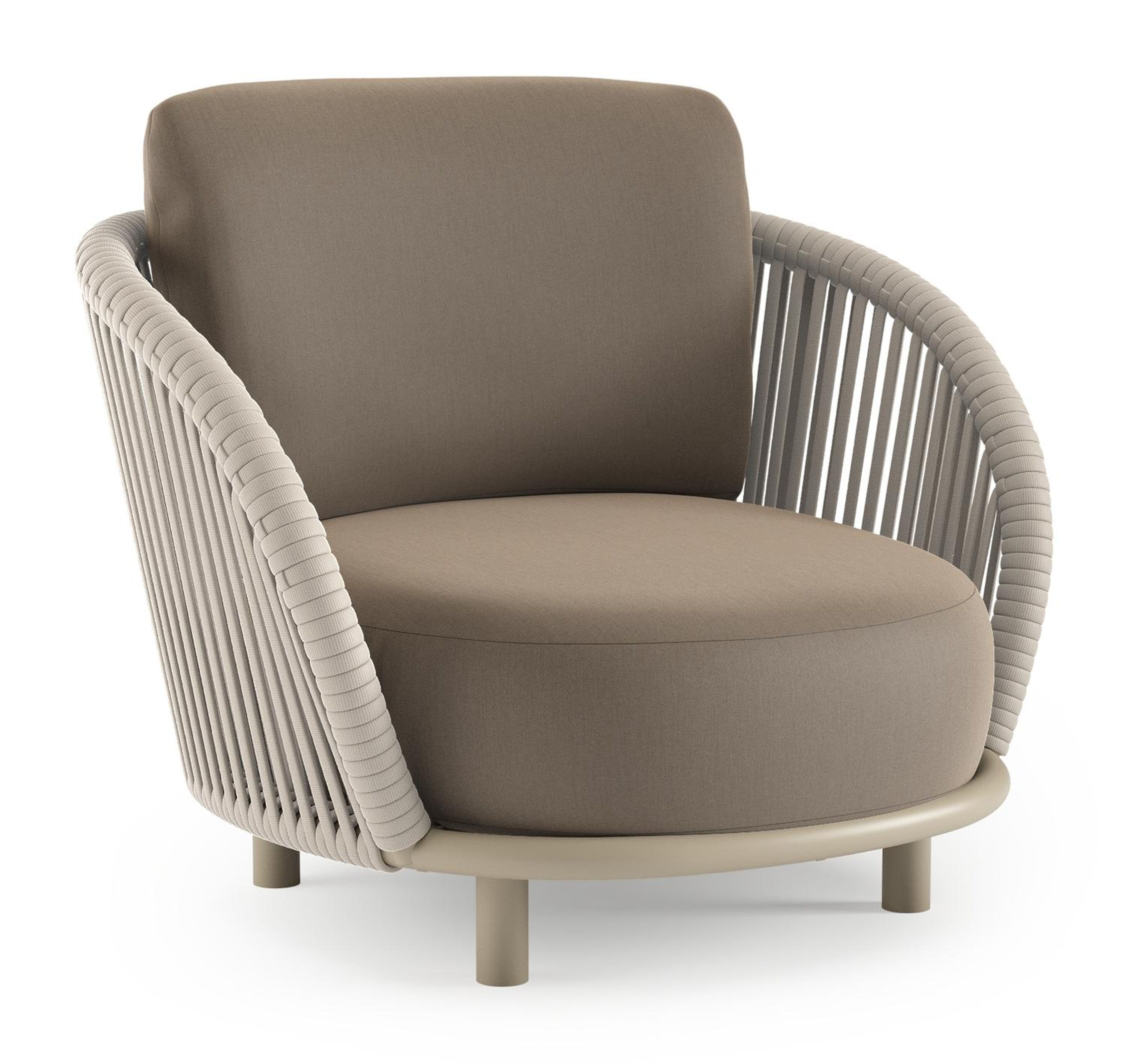 Fauteuil de jardin Lupino en aluminium beige et corde large plate de luxe tissée verticalement beige et coussins en all weather sunbrella® luxe natte heather grey