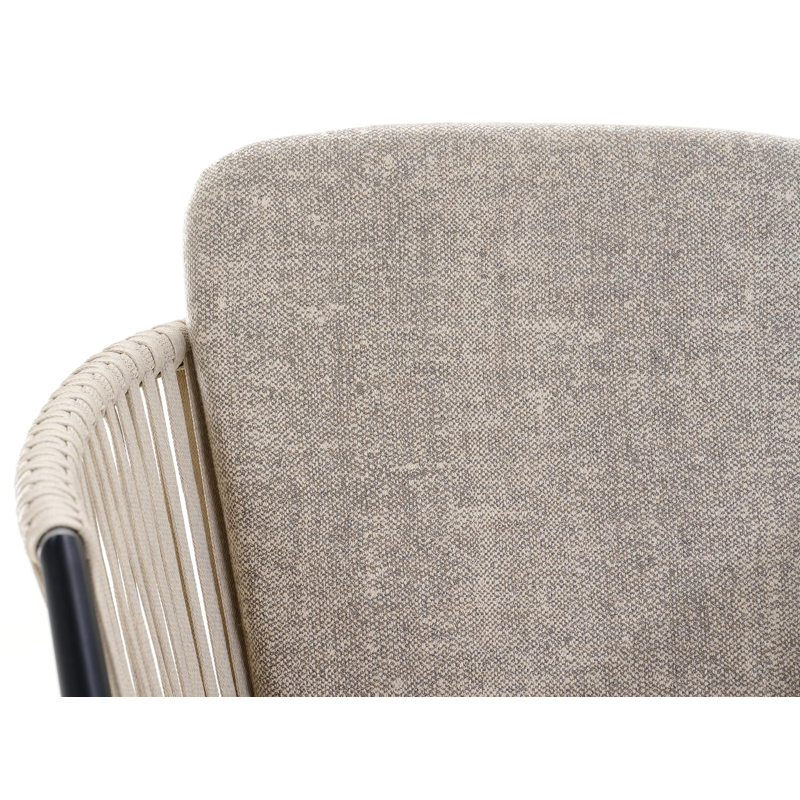 Orso tuinstoel in zwart aluminium en beige verticaal geweven rope met kussen in chartres pewter all weather sunbrella® luxe