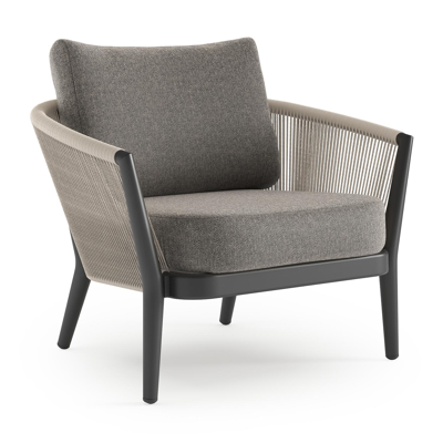 Fauteuil de jardin Orso en aluminium noir en corde ronde tissée verticalement beige et coussins en all weather sunbrella® luxe Chartres Drizzle