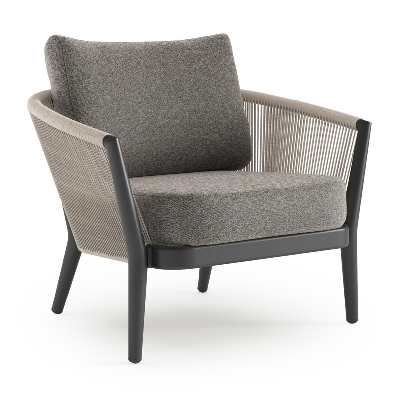 Fauteuil de jardin Orso en aluminium noir en corde ronde tissée verticalement beige et coussins en all weather sunbrella® luxe Chartres Drizzle