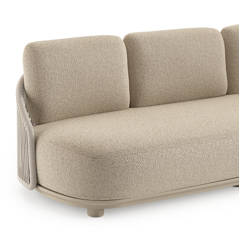 Vadelo loungeset in beige aluminium en beige verticaal geweven ronde rope met bora forest all weather cosytica kussen