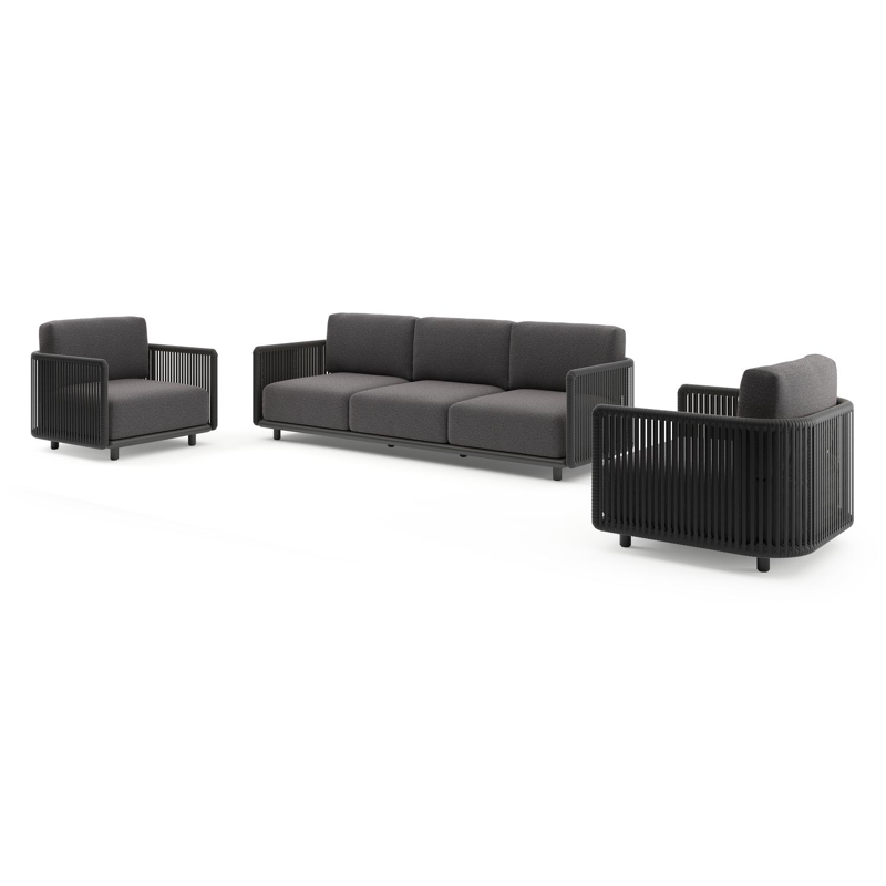 Organo loungeset in zwart aluminium en zwart verticaal geweven luxe vlakke rope met firenze tunder all weather Solica kussen