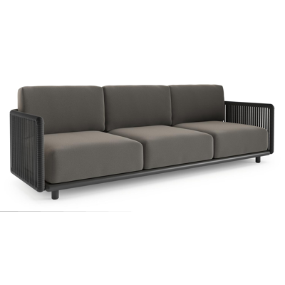 Canapé de jardin Organo en aluminium noir et corde luxe plate tissée verticalement noir et coussin en all weather Sunbrella® luxe natte dark taupe