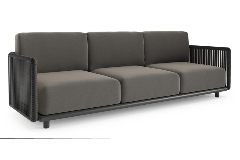 Organo loungebank in zwart aluminium en zwart verticaal geweven luxe vlakke rope met natte dark taupe all weather Sunbrella® luxe kussen