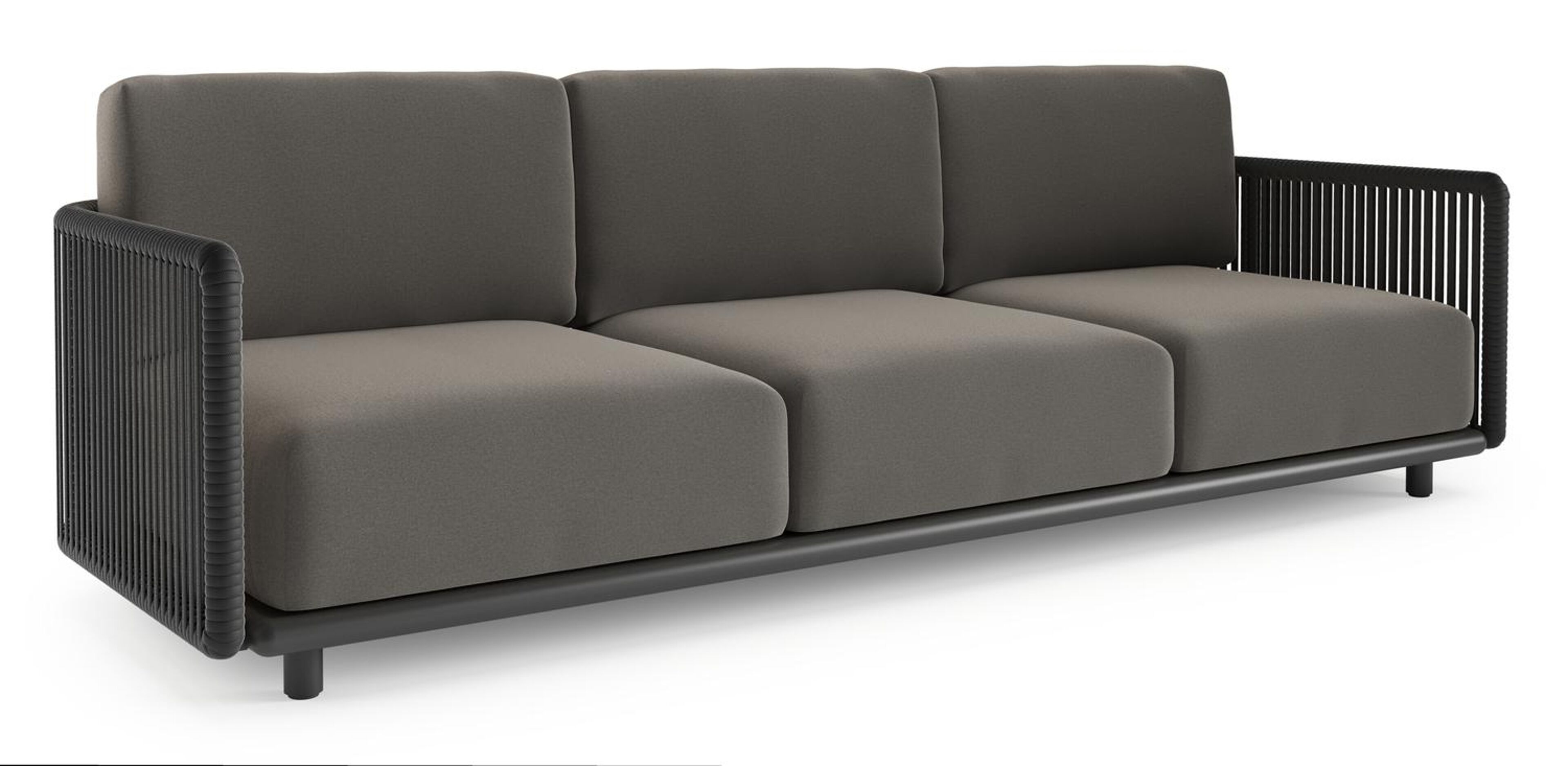 Canapé de jardin Organo en aluminium noir et corde luxe plate tissée verticalement noir et coussin en all weather Sunbrella® luxe natte dark taupe