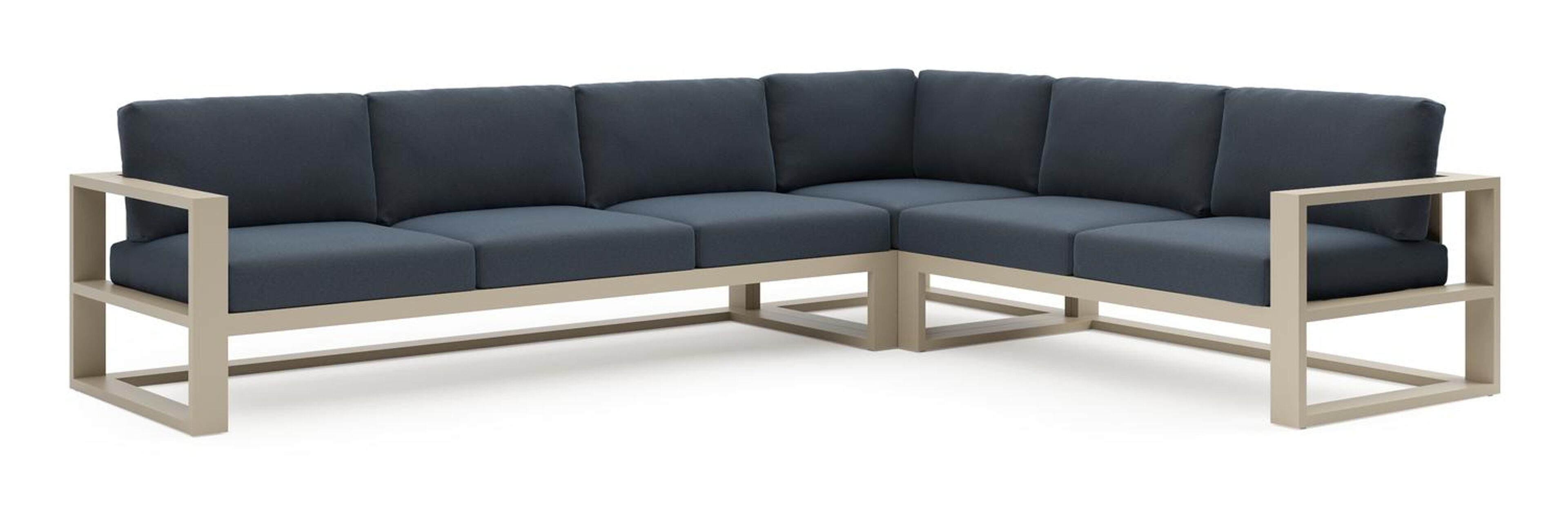 Salon de jardin d'angle Verato en aluminium beige et coussins en all weather sunbrella® luxe heritage indigo