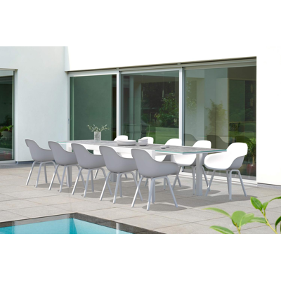 Calobra tuinset met verlengbare tafel in wit aluminium en grijs glas tafelblad met 10 Puglia tuinstoelen