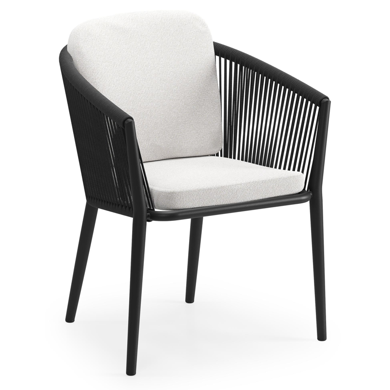 Chaise de jardin Orso en aluminium noir et corde ronde tissée verticalement noir avec coussin luxe en All Weather Solica Soul Optik