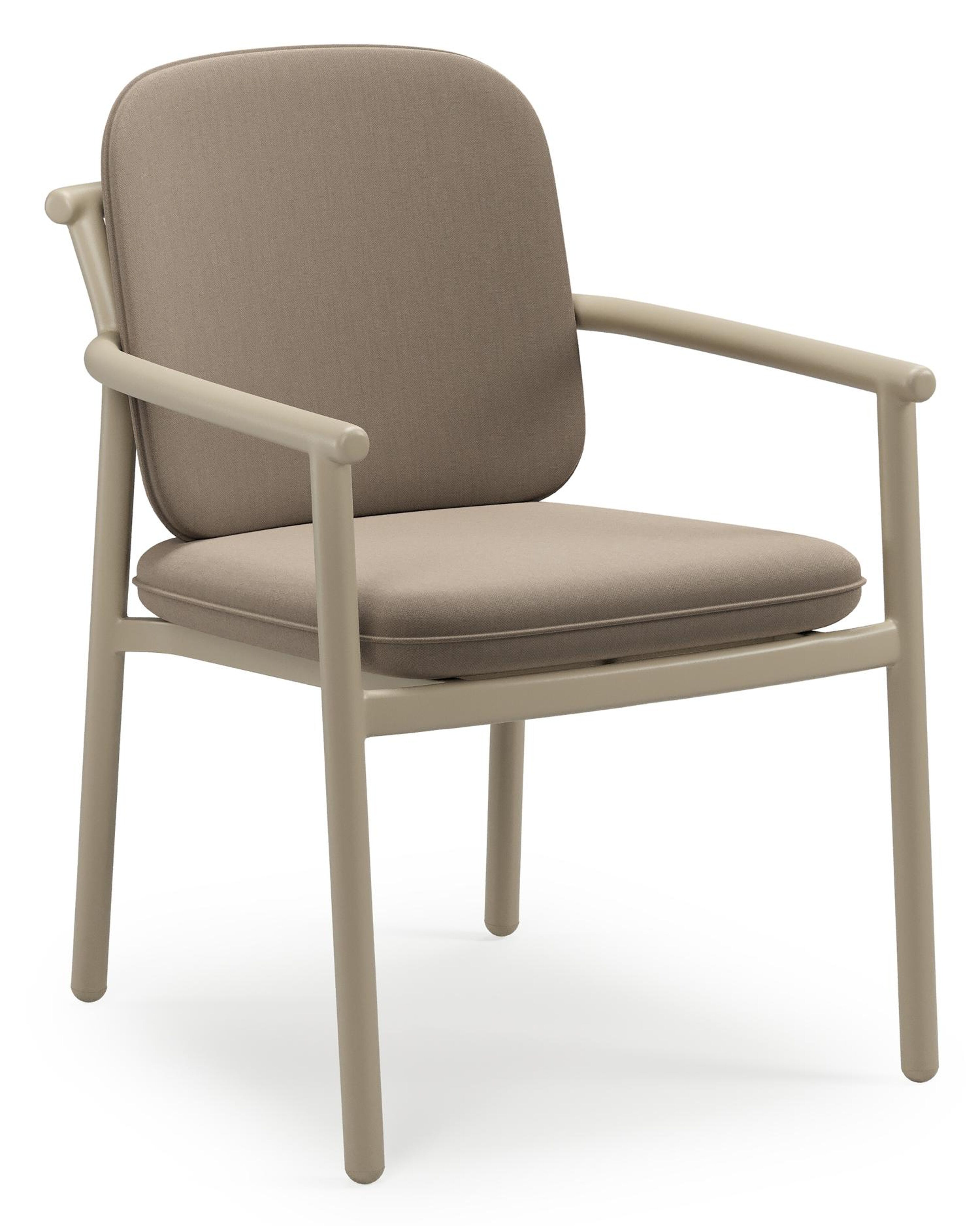 Bono stapelbare tuinstoel in beige aluminium met stoelkussen in All Weather Sunbrella® Luxe Natte Heather Grey
