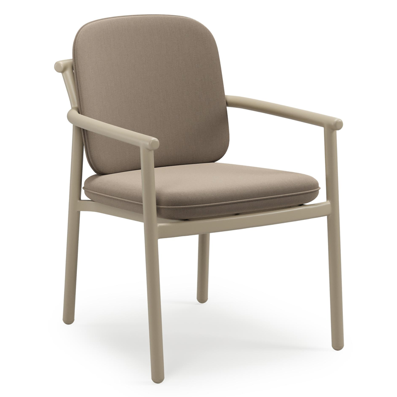 Bono stapelbare tuinstoel in beige aluminium met stoelkussen in All Weather Sunbrella® Luxe Natte Heather Grey