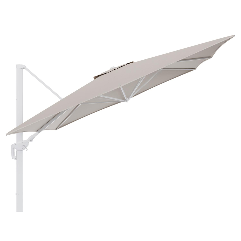 Minore zweefparasol tiltfunctie in wit aluminium en parasoldoek in All Weather Sunbrella® Luxe Heritage Ash  - L1 350 x L2: 350 cm (zonder voet)