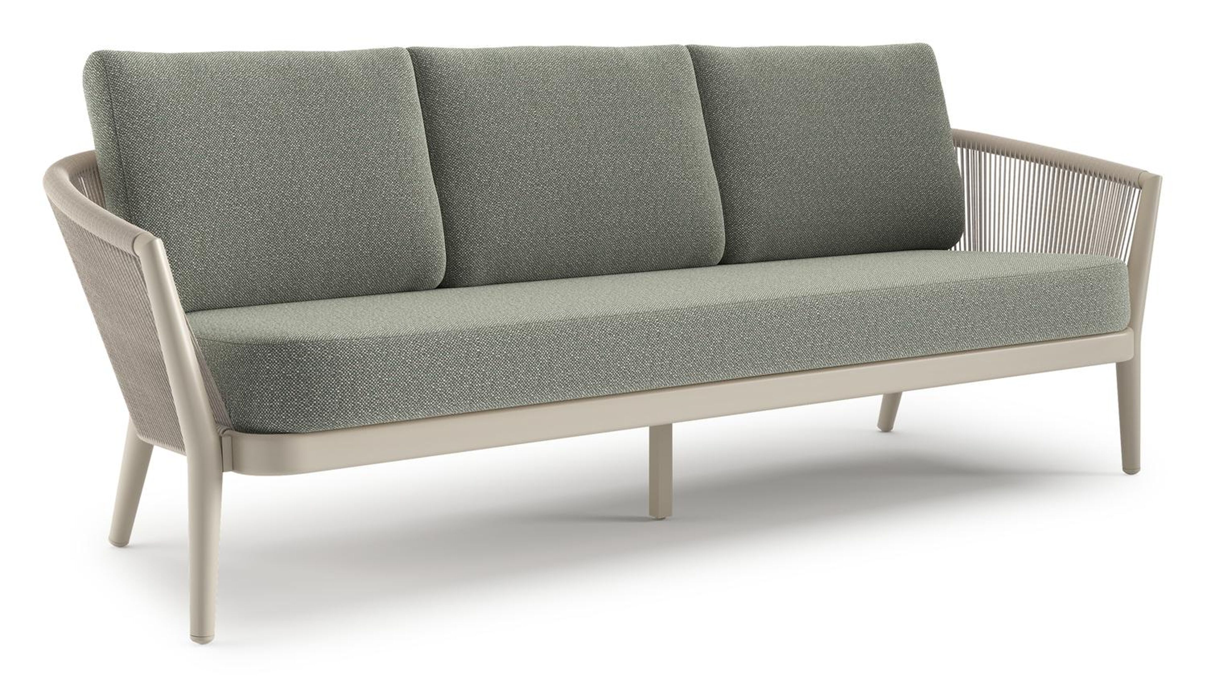 Orso loungebank in beige aluminium en beige verticaal geweven ronde rope met Savane Leaf all weather sunbrella® luxe kussen
