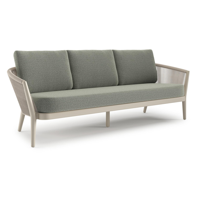 Orso loungebank in beige aluminium en beige verticaal geweven ronde rope met Savane Leaf all weather sunbrella® luxe kussen