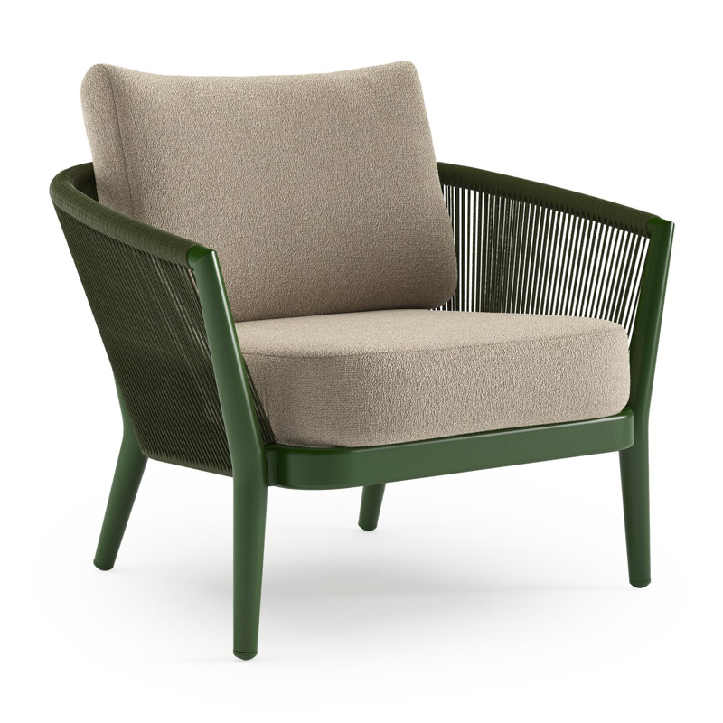Orso loungestoel in groen aluminium en groen verticaal geweven ronde rope met Marbella Sand all weather cosytica kussen
