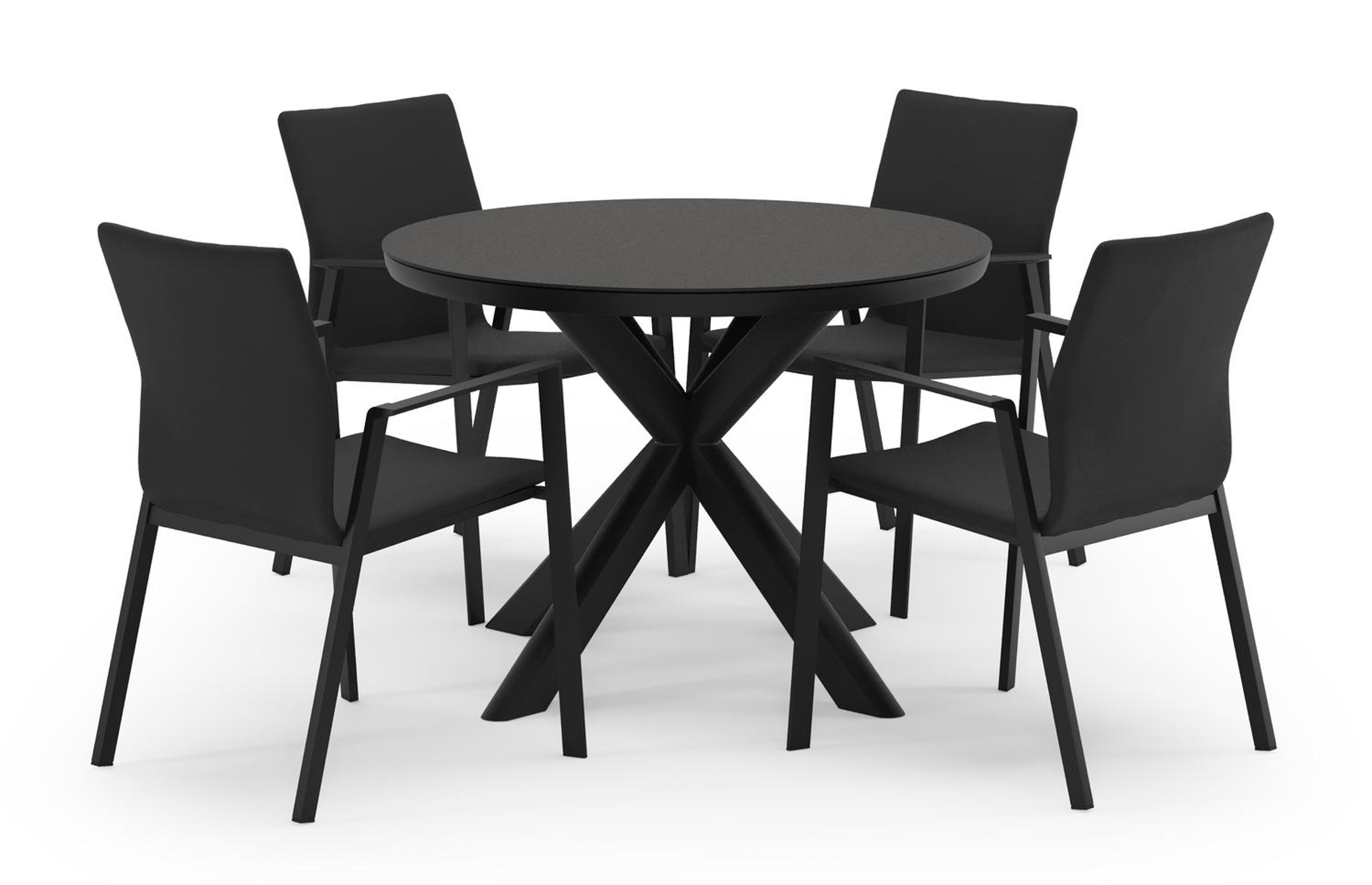 Pamplona ronde tuinset in zwart aluminium en sintered stone notte minerale met 4 Madura tuinstoelen