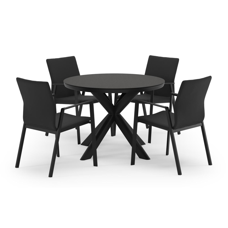 Pamplona ronde tuinset in zwart aluminium en sintered stone notte minerale met 4 Madura tuinstoelen