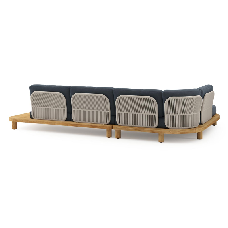 Donato loungehoek in teak en beige verticaal geweven ronde rope met all weather sunbrella® luxe Heritage Indigo kussen