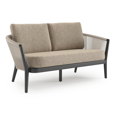 Canapé de jardin Orso en aluminium noir en corde ronde tissée verticalement beige et coussins en all weather cosytica Bora Jungle