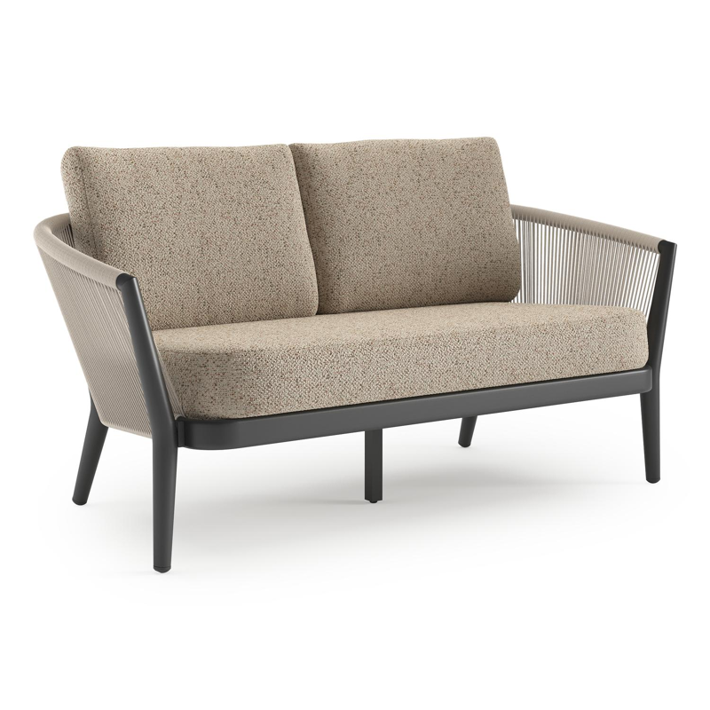 Canapé de jardin Orso en aluminium noir en corde ronde tissée verticalement beige et coussins en all weather cosytica Bora Jungle