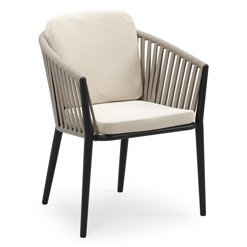 Orso stapelbare tuinstoel in zwart aluminium en beige verticaal geweven luxe vlakke brede rope met stoelkussen in All Weather Cosytica Althea Off White