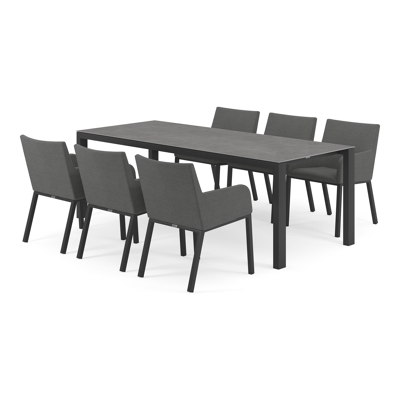 Ensemble de jardin Trente en aluminium noir avec plateau de table en céramique pleine gris et 6 chaises de jardin Rivo