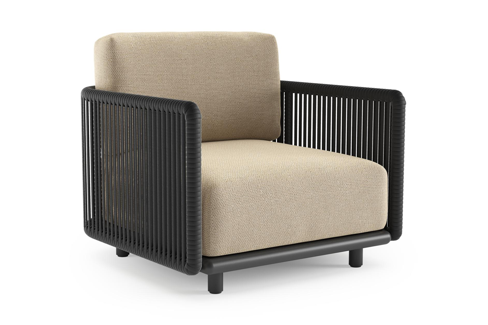 Organo loungestoel in zwart aluminium en zwart verticaal geweven luxe vlakke rope met althea camel all weather Cosytica kussen