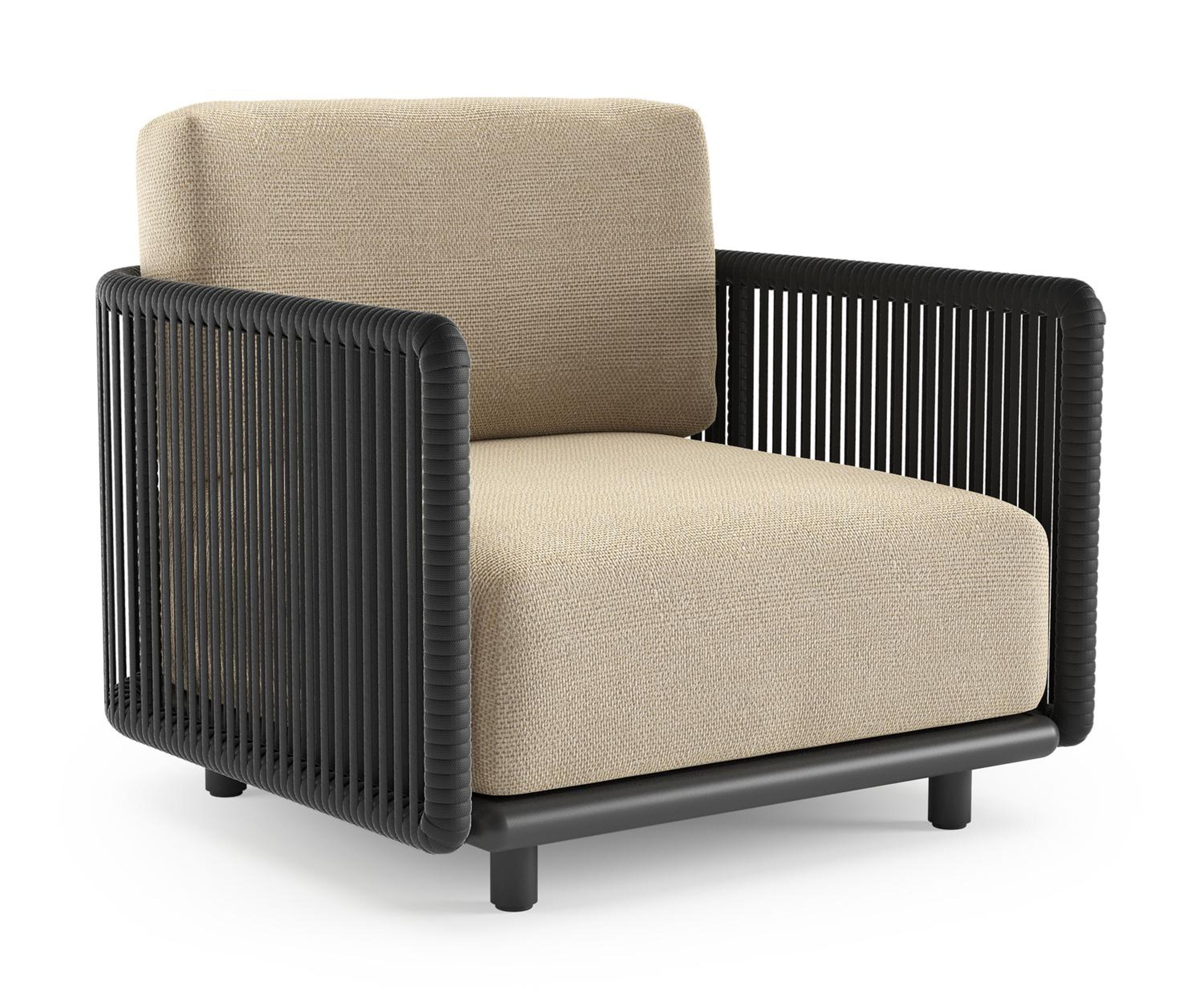 Organo loungestoel in zwart aluminium en zwart verticaal geweven luxe vlakke rope met althea camel all weather Cosytica kussen