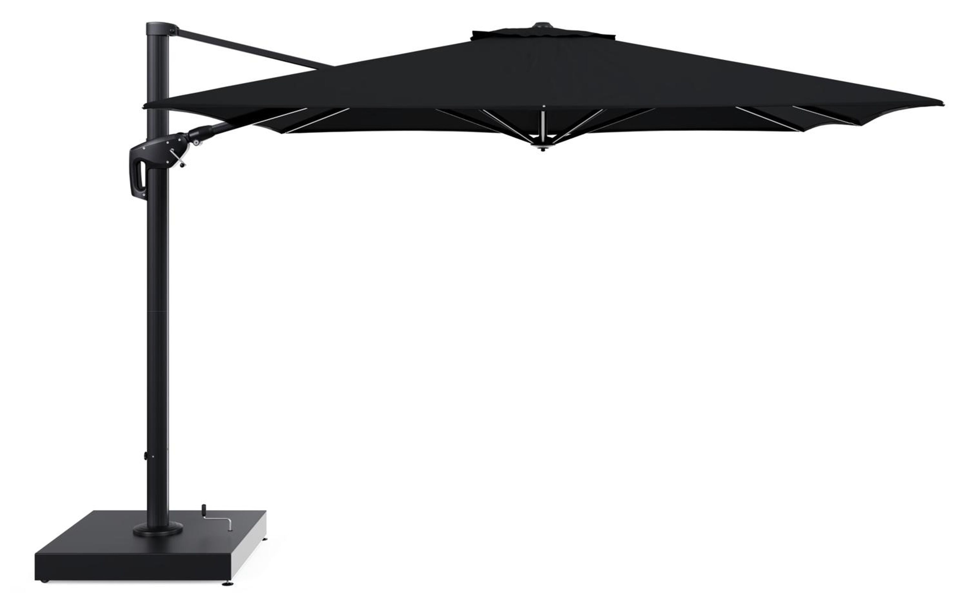 Minore zweefparasol met tiltfunctie in zwart aluminium en zwart All Weather Sunbrella® Premium parasoldoek - L1 350 x L2 350 cm met parasolvoet Minore 260 kg met wielen