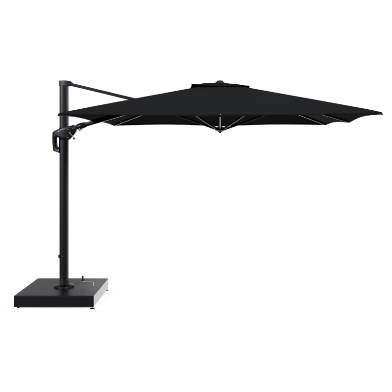 Minore zweefparasol met tiltfunctie in zwart aluminium en zwart All Weather Sunbrella® Premium parasoldoek - L1 350 x L2 350 cm met parasolvoet Minore 260 kg met wielen