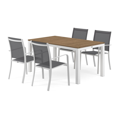 Ensemble de jardin Varese en aluminium blanc avec plateau de table en teck naturel et 4 chaises de jardin empilables Calobra