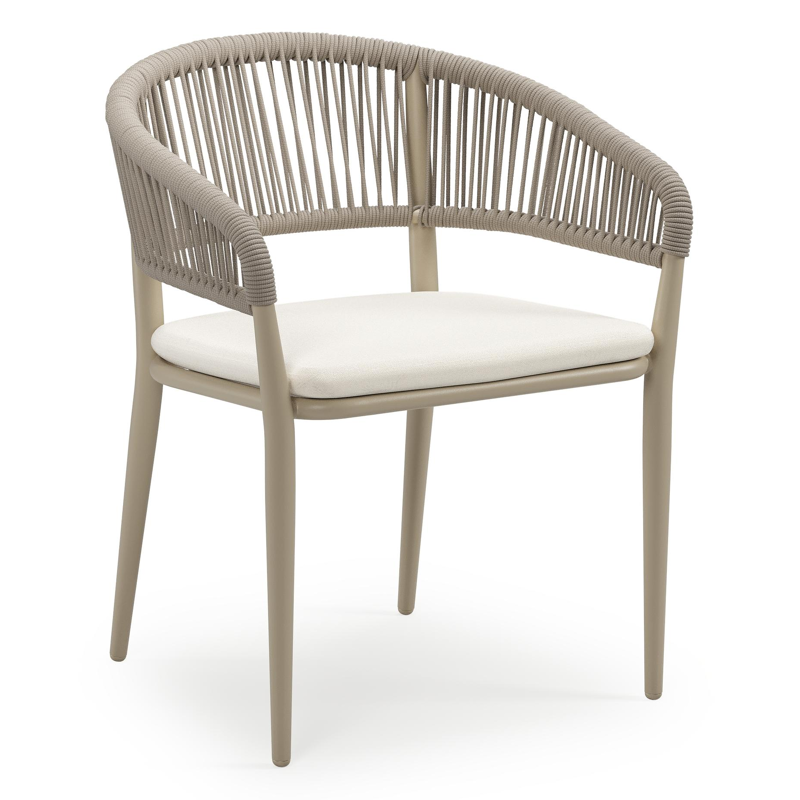 Tolfa stapelbare tuinstoel in beige aluminium en beige verticaal geweven ronde rope met stoelkussen in All Weather Sunbrella® Luxe Natte White