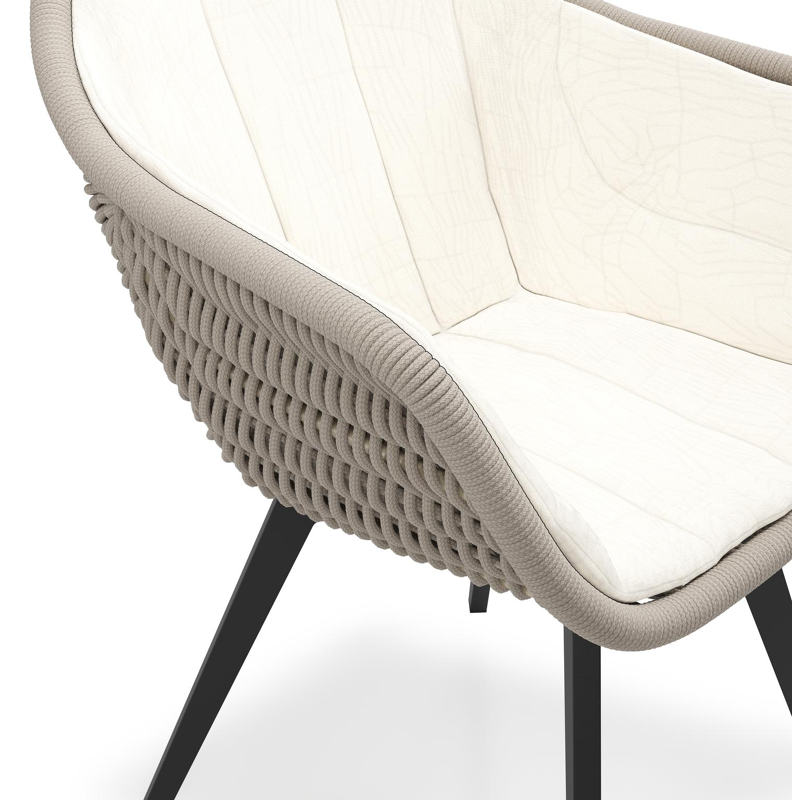 Pagino tuinstoel in zwart aluminium en beige verticaal geweven ronde rope met zitkussen in All Weather Sunbrella® Luxe Natte White