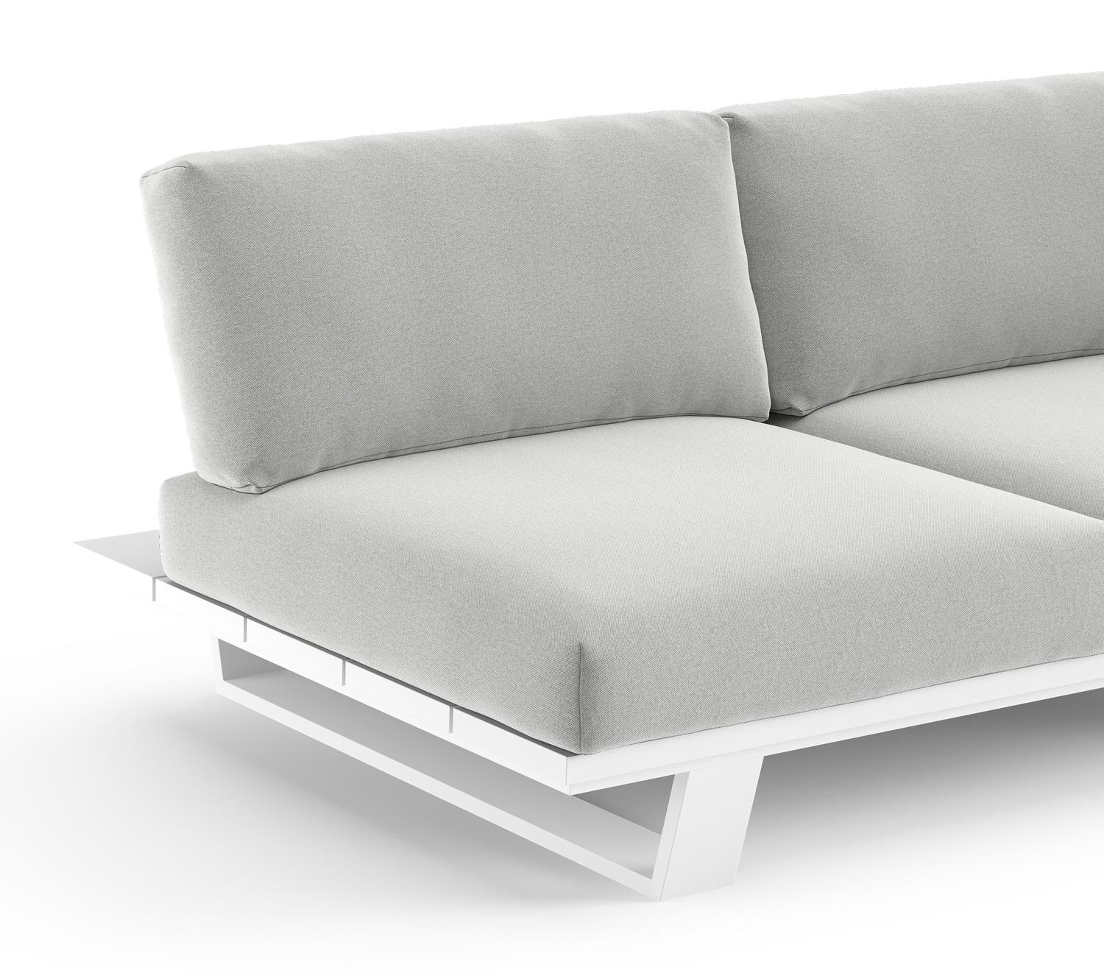 Canapé de jardin Pagino en aluminium blanc et coussins en all weather sunbrella® luxe natte grey chine