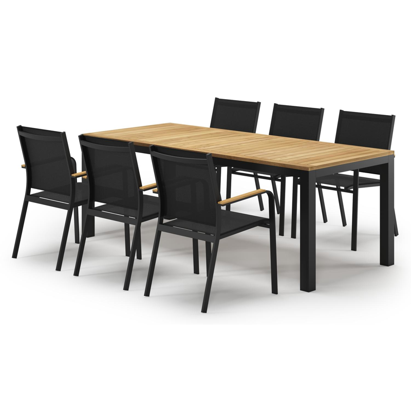 Varese tuinset in zwart aluminium en teak met 6 Amalfi tuinstoelen