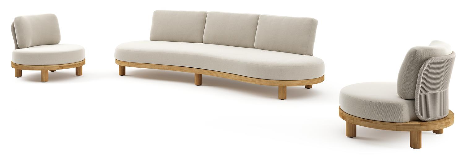 Donato loungeset in teak en beige verticaal geweven ronde rope met all weather sunbrella® luxe Lopi Marble kussen