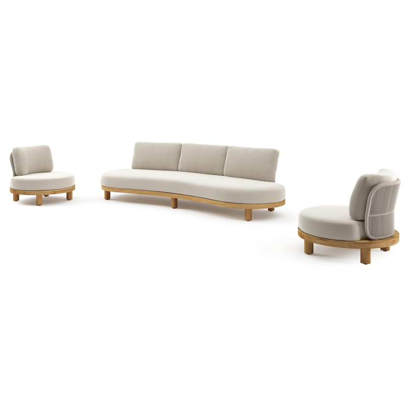 Donato loungeset in teak en beige verticaal geweven ronde rope met all weather sunbrella® luxe Lopi Marble kussen