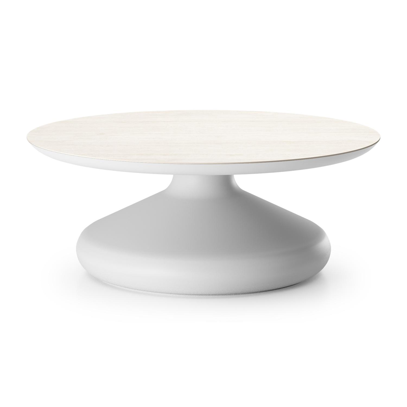 Bomero loungetafel rond in wit aluminium en volkeramiek Travertino Bianco - Dia. 84 x H 32.2 cm