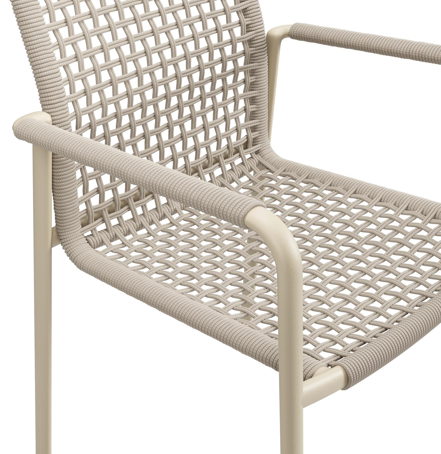 Chaise de jardin empilable Como en aluminium beige et corde ronde tissée carrée beige