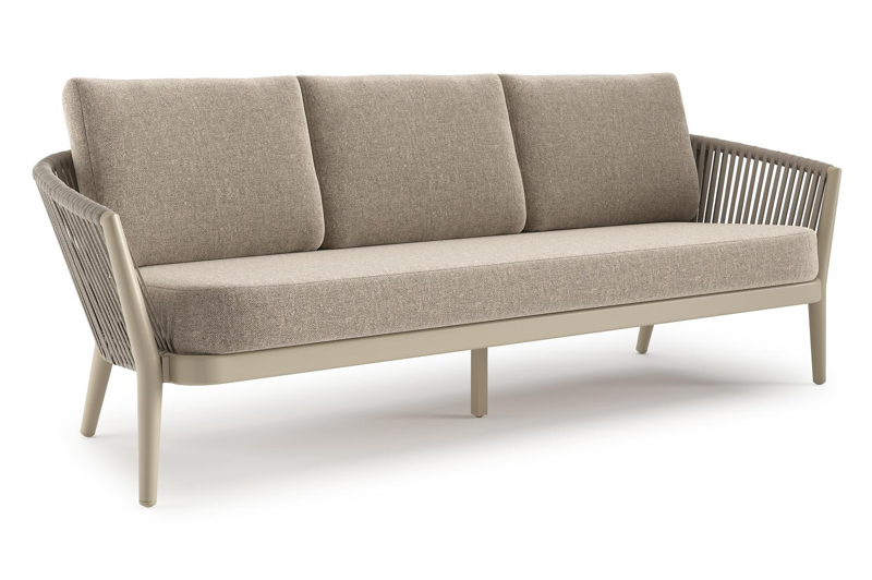 Orso loungebank in beige aluminium en beige verticaal geweven ronde rope met Chartres Pewter all weather sunbrella® luxe kussen