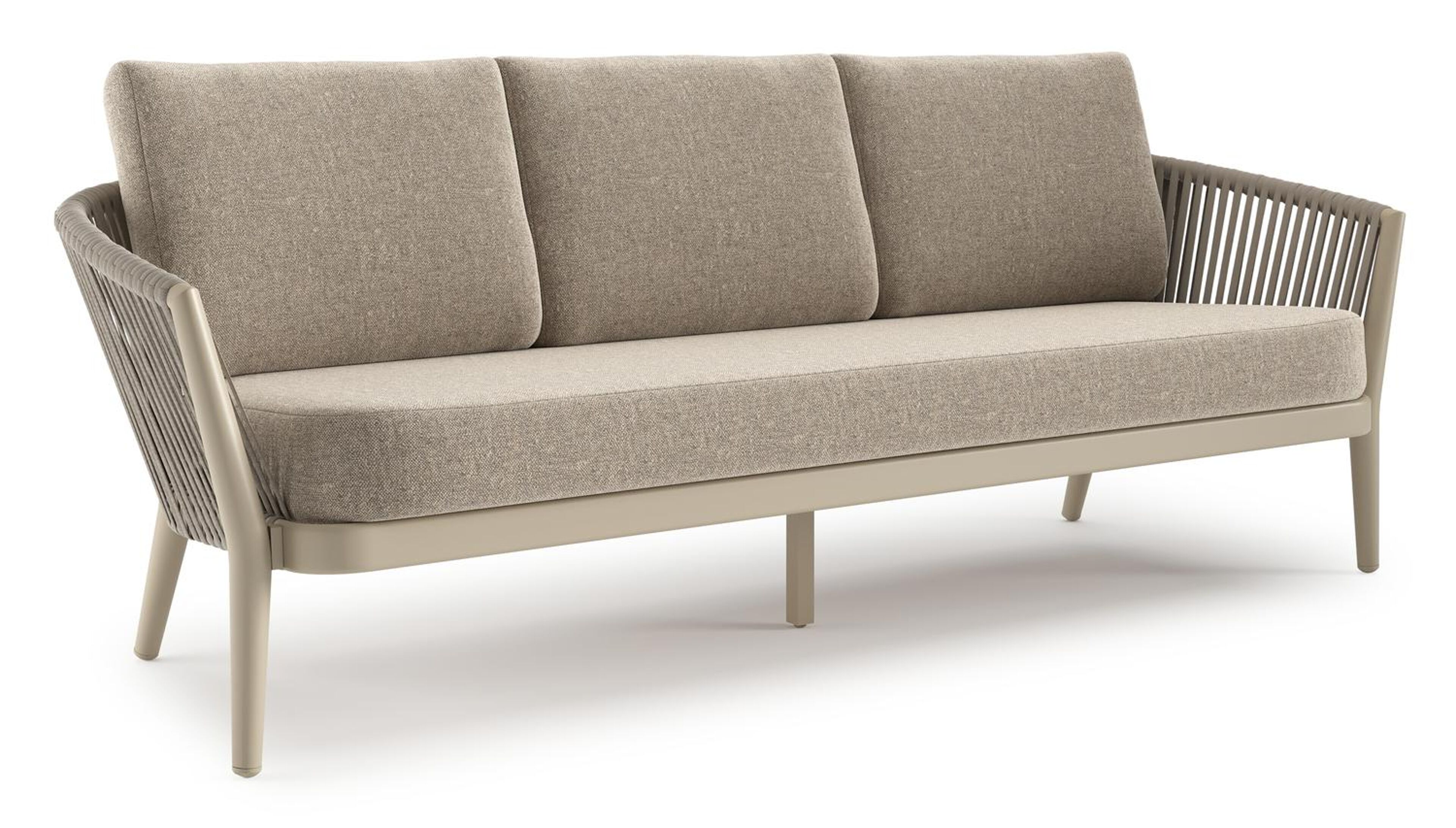 Canapé de jardin Orso en aluminium beige en corde luxe plate tissée verticalement beige et coussins en all weather sunbrella® luxe Chartres Pewter