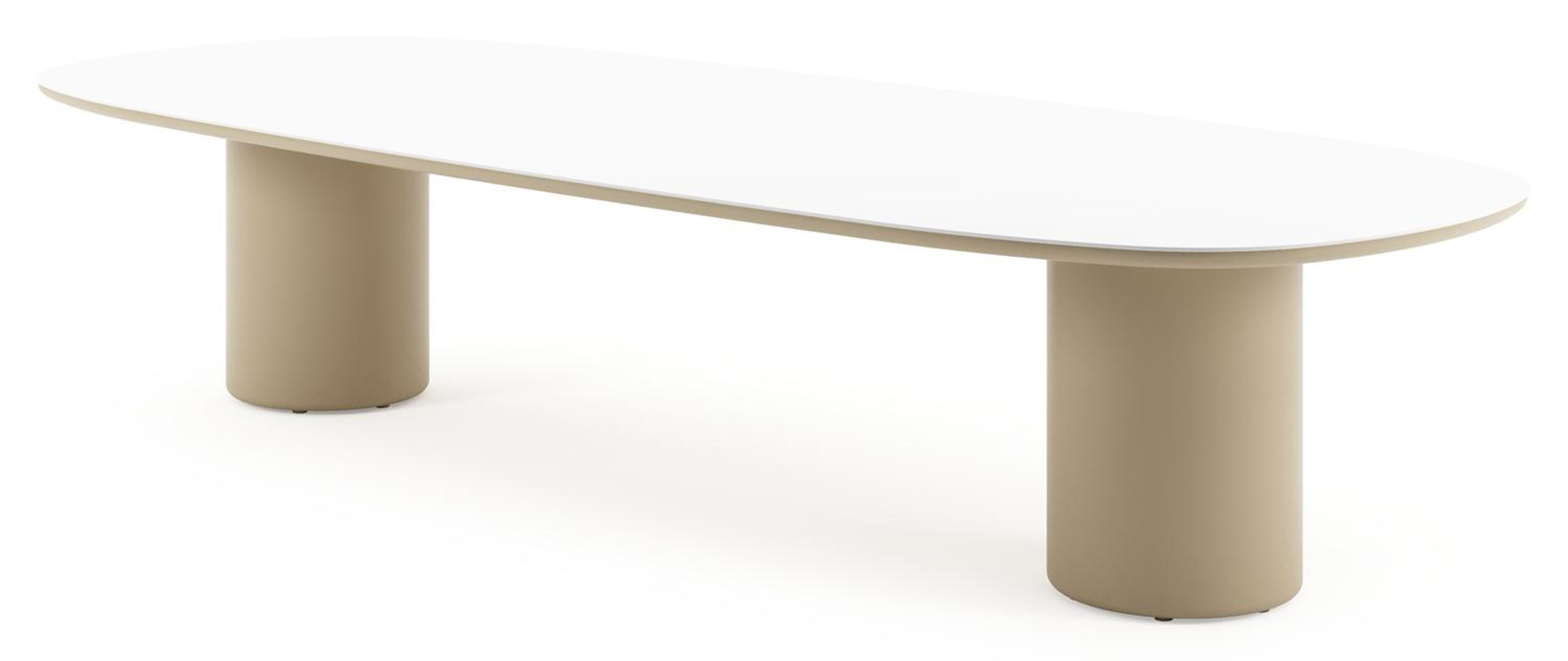 Table de jardin low dining Amico bombo en aluminium beige et céramique pleine Arctic White - Lg. 320 x Lrg. 130 x Haut. 61 cm
