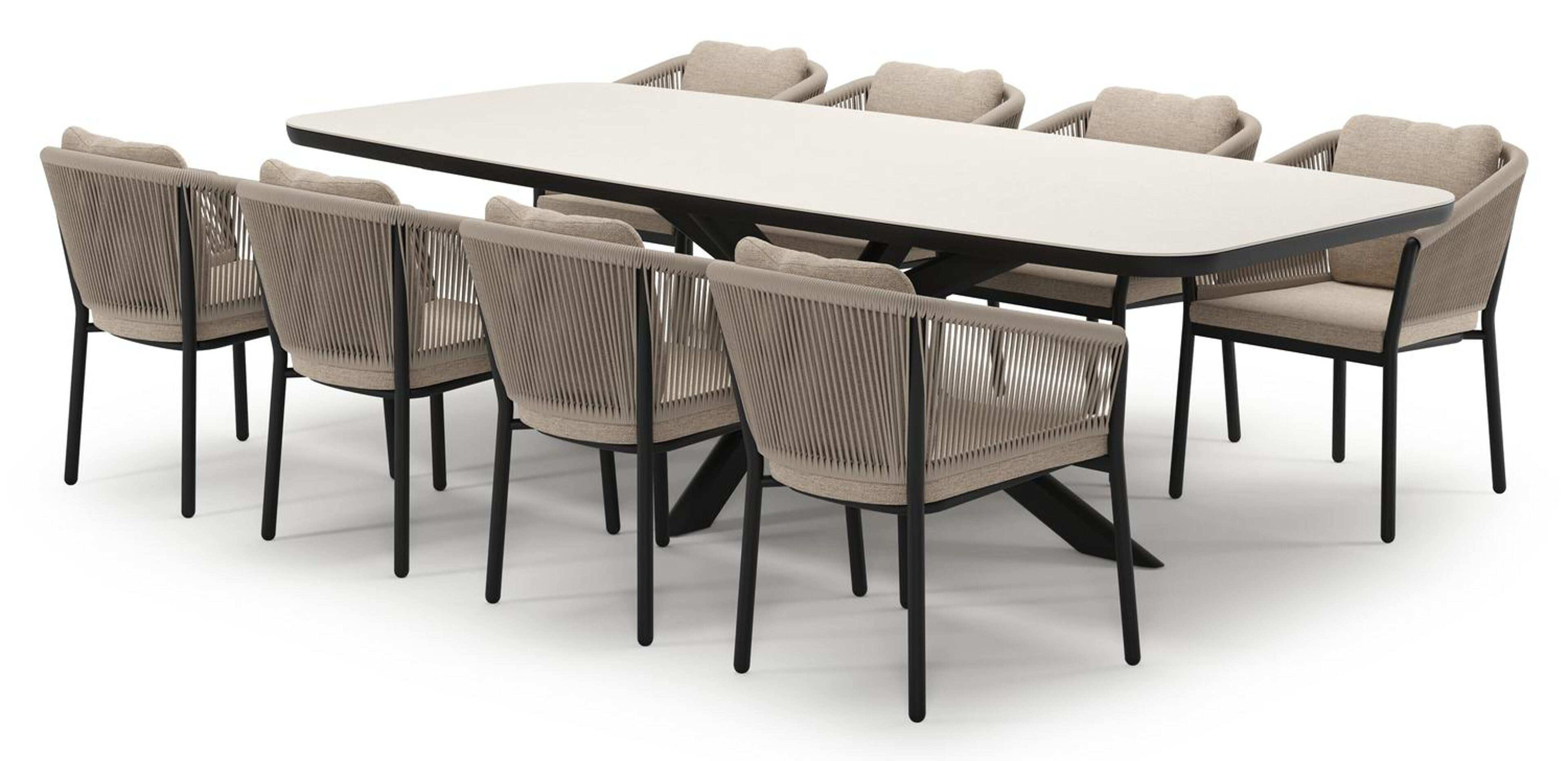 Pamplona tuinset in zwart aluminium en crema minerale sintered stone met 8 Gerona tuinstoelen
