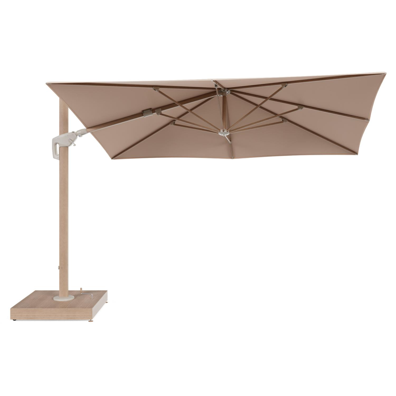 Minore zweefparasol met tiltfunctie in houtlook aluminium en Natte Linen Chalk All Weather Sunbrella® Luxe parasoldoek - L1 280 x L2 370 cm met parasolvoet Minore 260 kg met wielen
