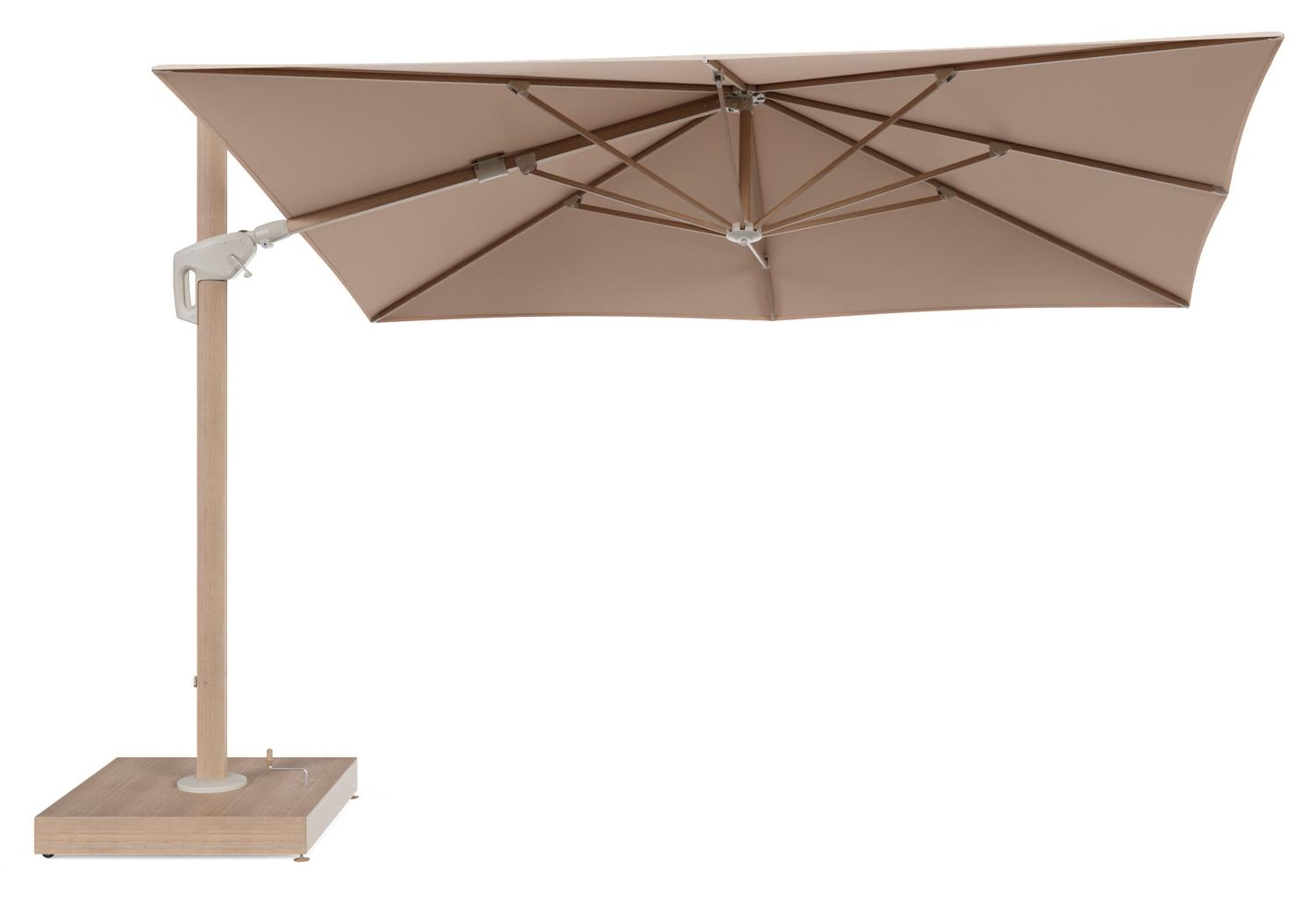 Minore zweefparasol met tiltfunctie in houtlook aluminium en Natte Linen Chalk All Weather Sunbrella® Luxe parasoldoek - L1 280 x L2 370 cm met parasolvoet Minore 260 kg met wielen
