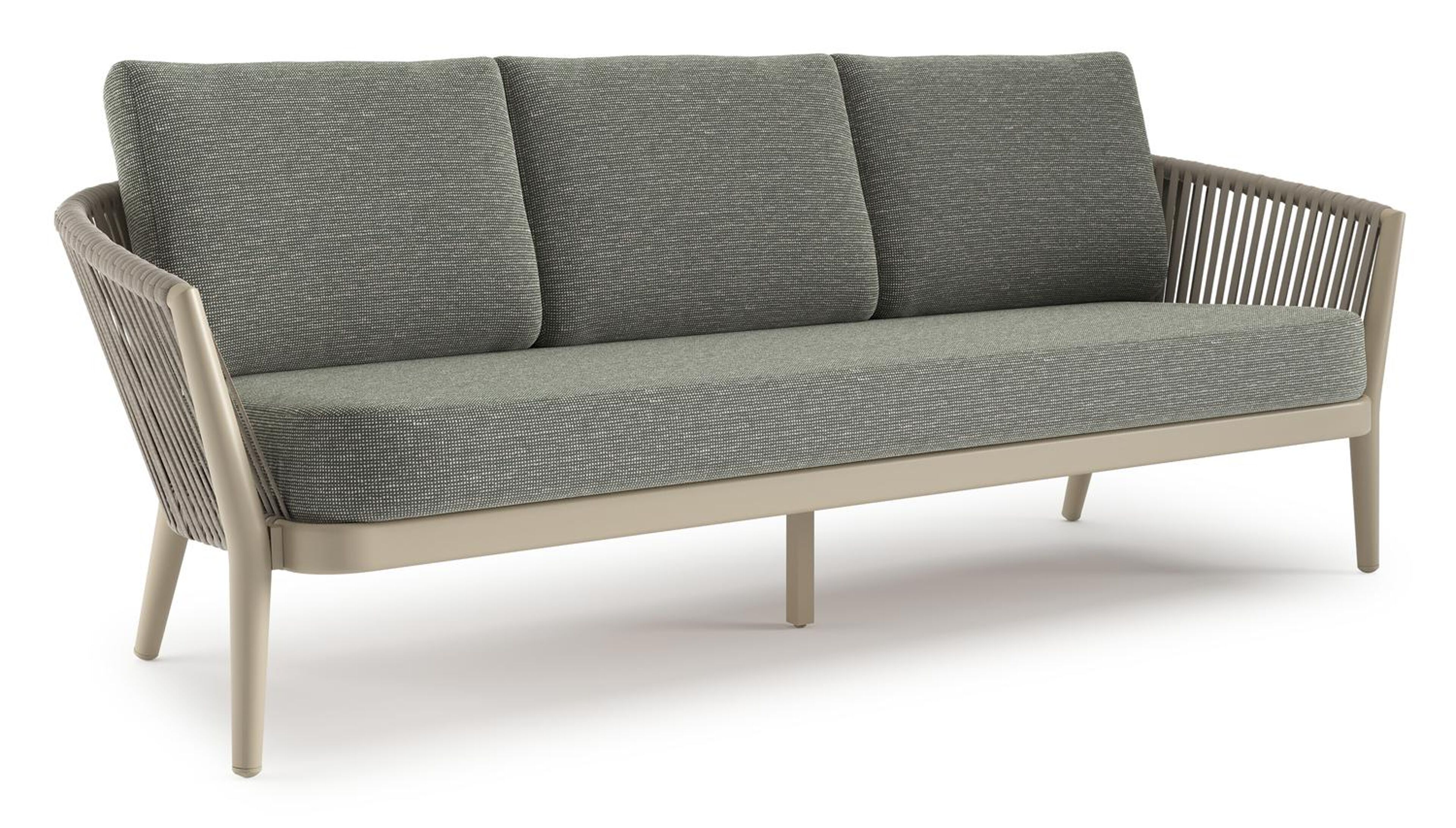 Canapé de jardin Orso en aluminium beige en corde luxe plate tissée verticalement beige et coussins en all weather sunbrella® luxe Slow Fern