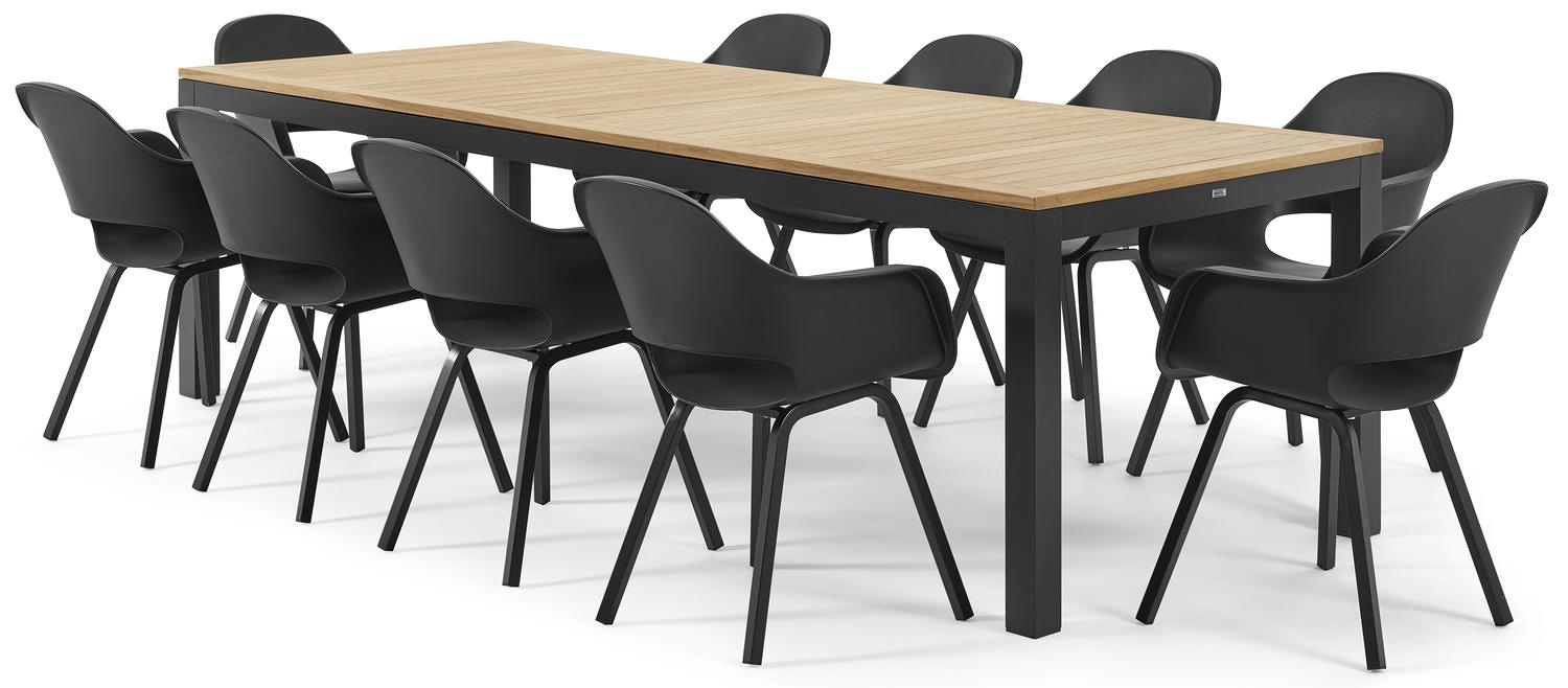 Varese tuinset in zwart aluminium en naturel teak tafelblad met 10 Artena tuinstoelen